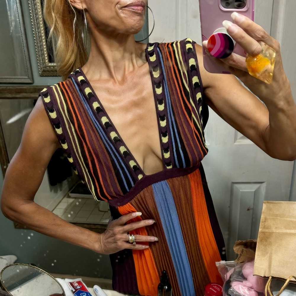 Missoni Italy knit jersey plunge dress colorblock S M lined midi